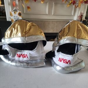 Two NASA Astronaut Helmets Silver Gold Apollo 11 Adult Costume  Soft One Size